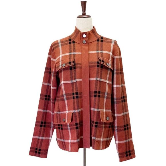 Joie Plaid Shacket Soft Knit Full Zip Sweater Jacket Rust Black White Size Large - Picture 4 of 13